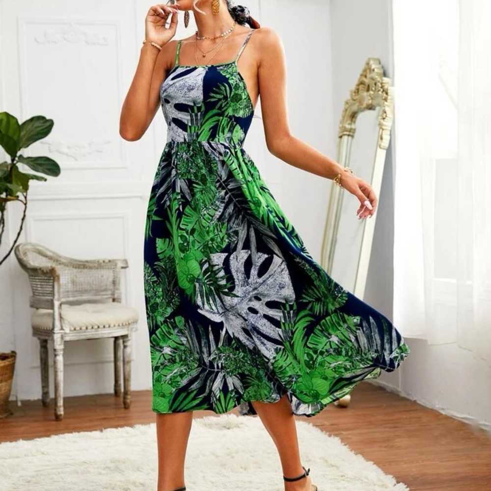 Tropical Print Tie Backless Slip Dress